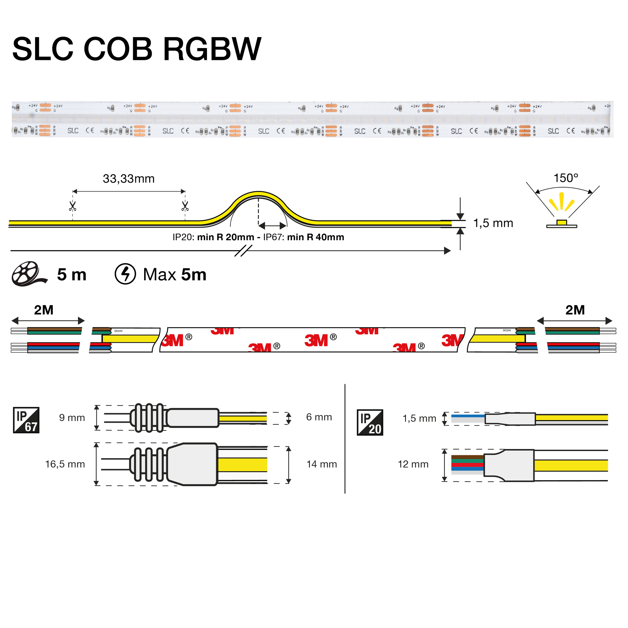 LED COB Borði RGBW -3000K 18W/m 5m IP67 810lm/m 100.000klst