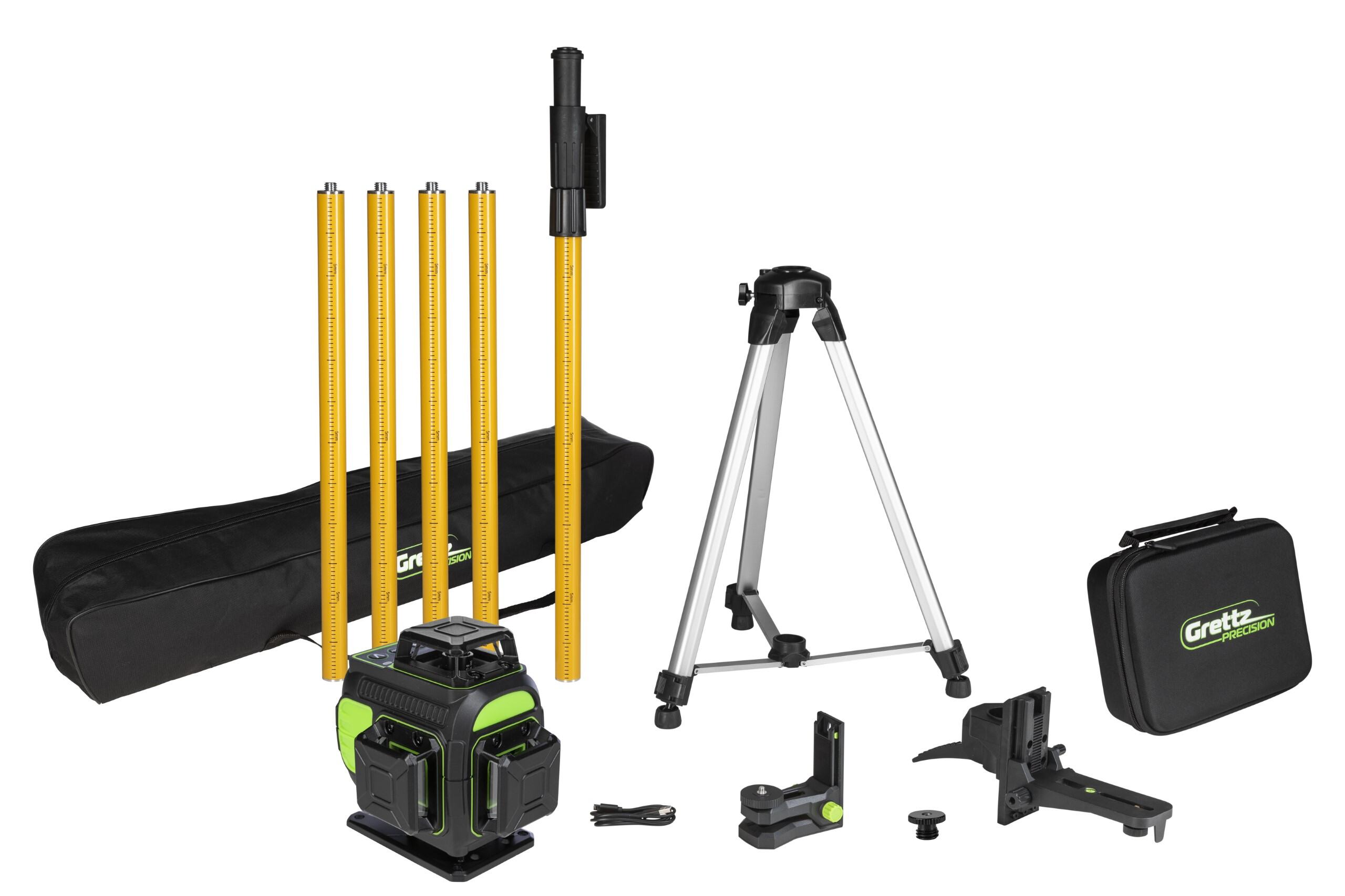 Línulaser 4 x 360° grænn með þrífót og stöng