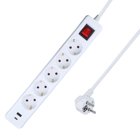 Fjöltengi 5f m.rofa + USB A+C Hvítt