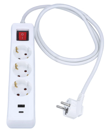 Fjöltengi 3f m.rofa + USB A+C Hvítt
