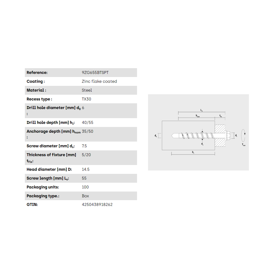 Múrskrúfa pan head -6-55/5  Zink flaked