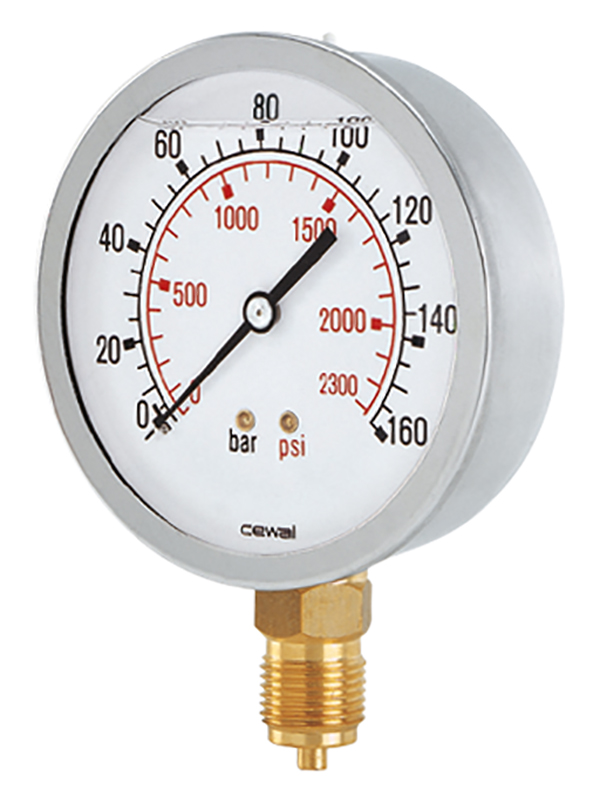 Vökvafylltur þrýstimælir 10 Bör 63mm - Niður