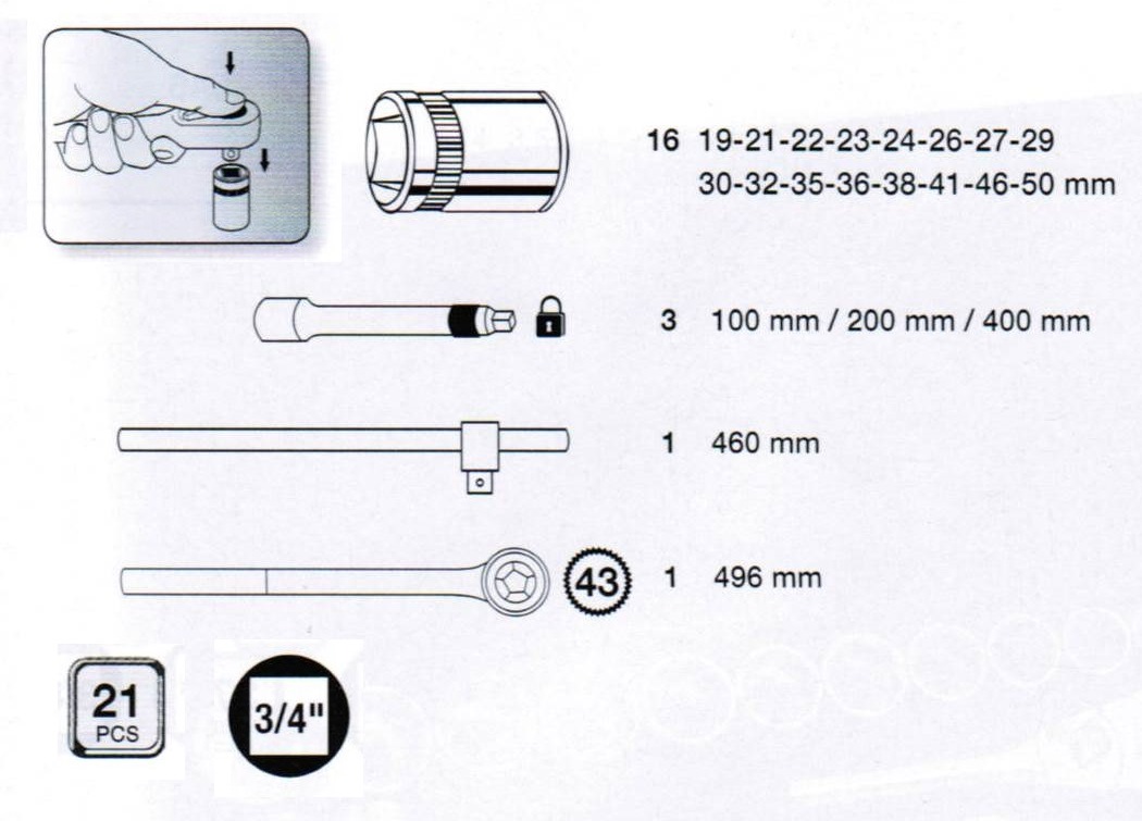 Topplyklasett 3/4" m/ framl.