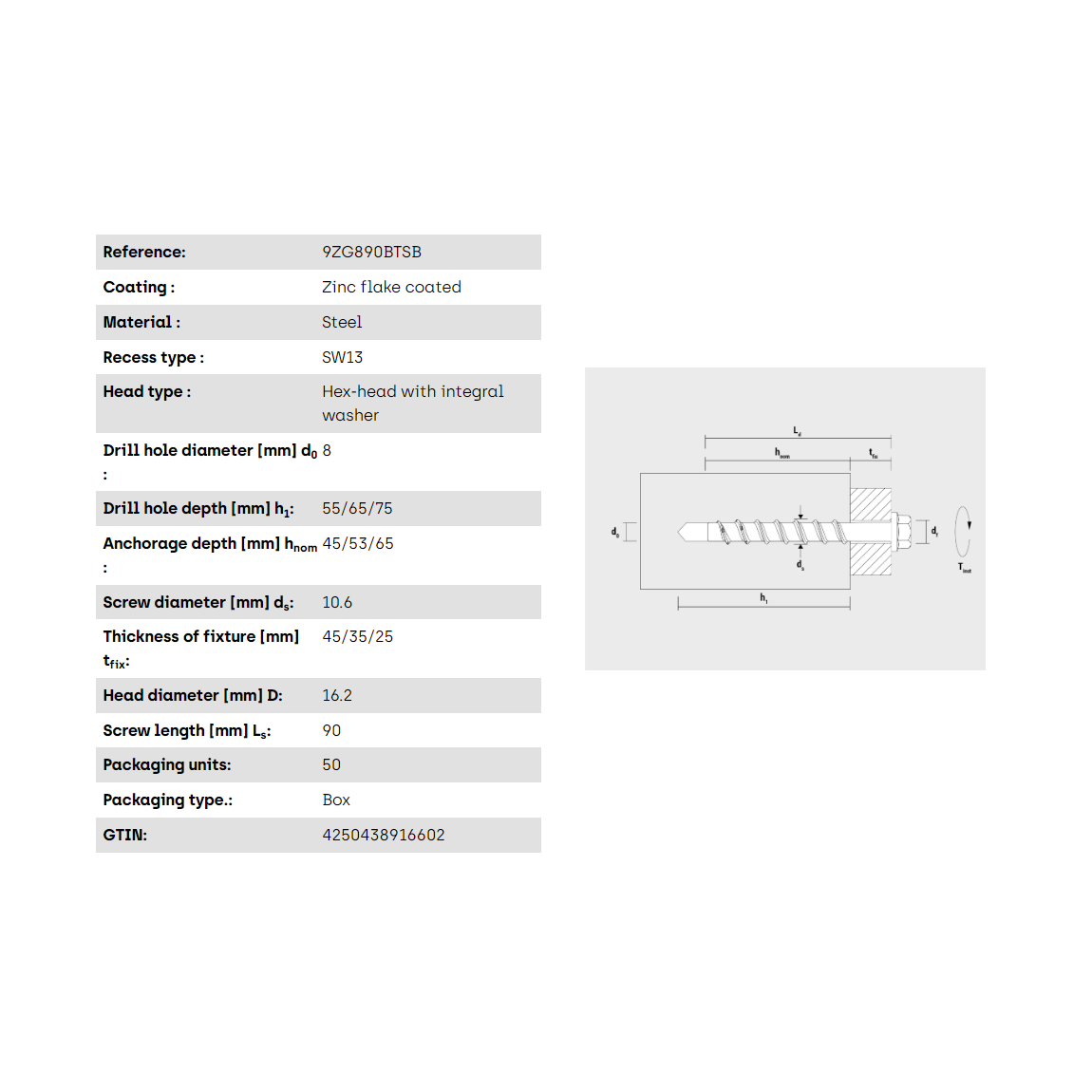 Múrskrúfa - 8-90/25 SW13 Zink flaked