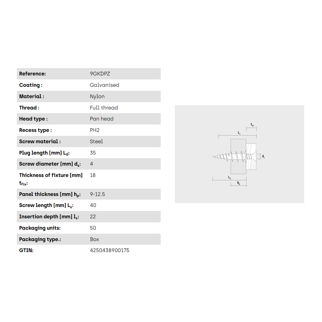 Gipsskrúfa plast 4,5-40