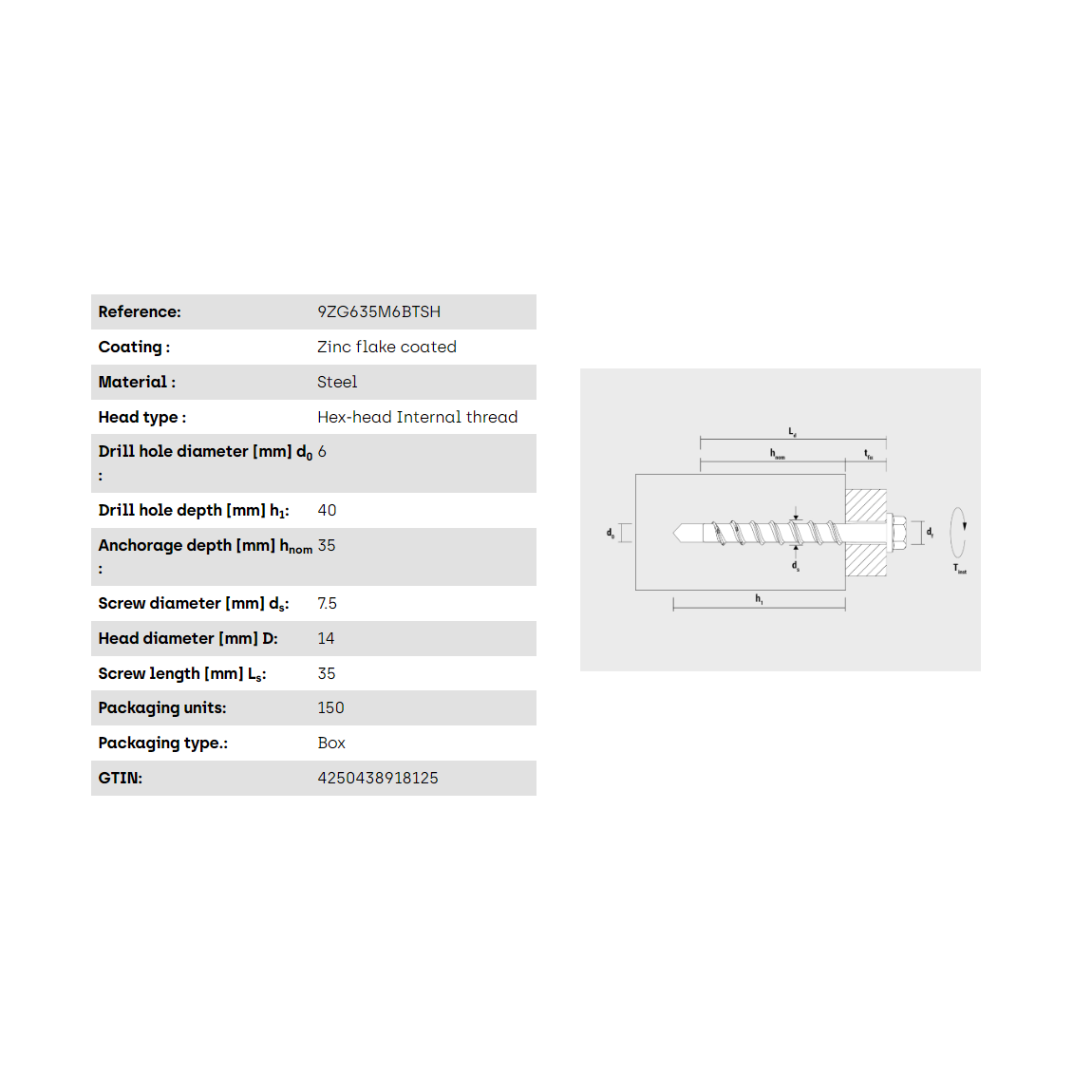 Múrskrúfa innansexkant -6-35 M6 Zink flaked