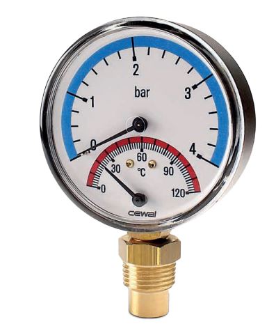 Hita og þrýstingsmælir 120° - 6 bör - Niður