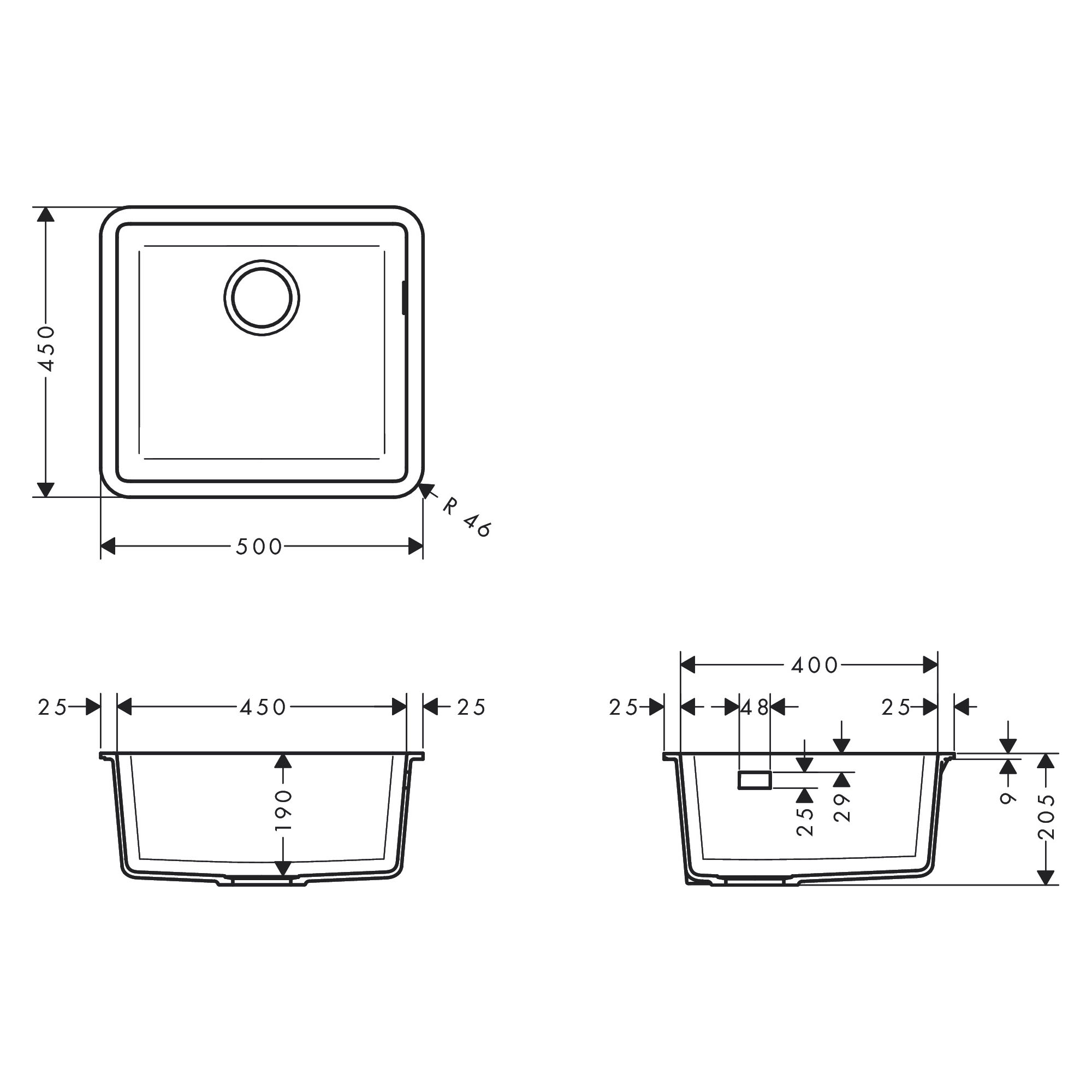 Hansgrohe undirlímdur vaskur Graphitblack  S51 (45x40)