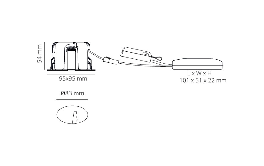 Gyro square WD hvítt 7W 550lm 2000-2800K 42° IP44/20  Gatmál: 83mm