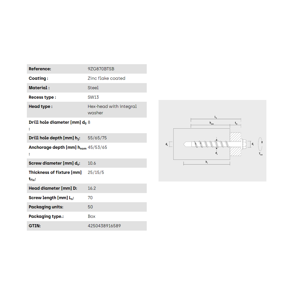 Múrskrúfa - 8-70/5 SW13 Zink flaked