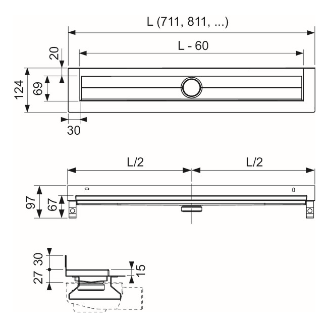 TECE Drain renna 100cm AÐ VEGG
