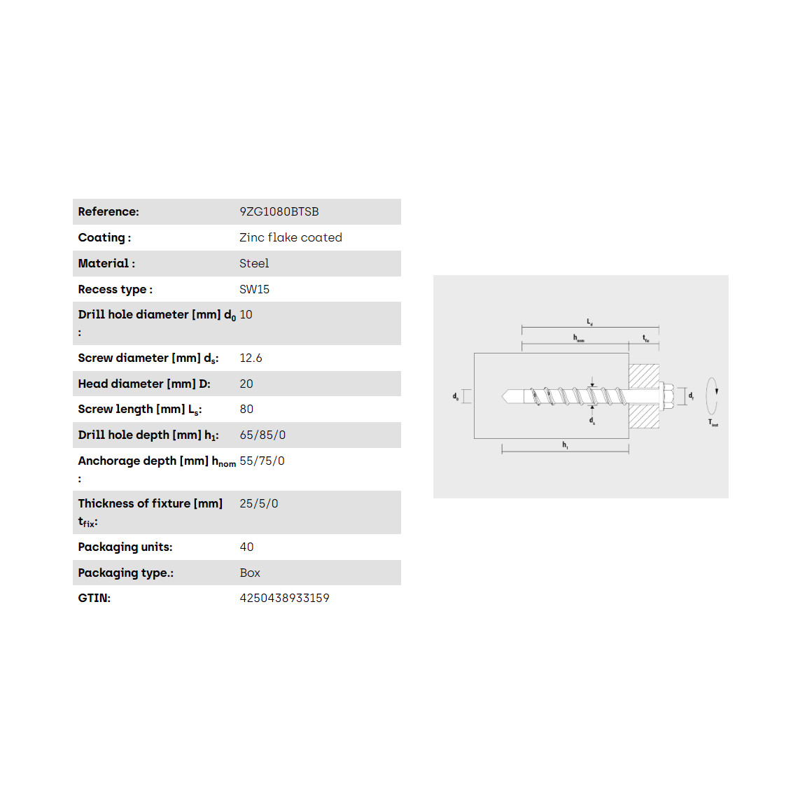 Múrskrúfa - 10-80/- SW15 Zink flaked