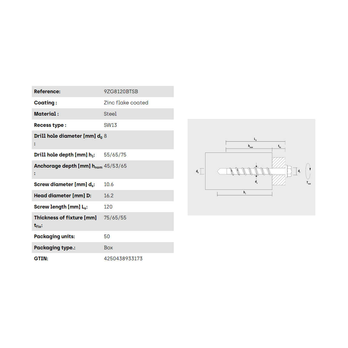 Múrskrúfa - 8-120/55 SW13 Zink flaked