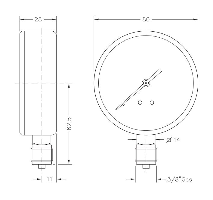 Þrýstimælir 16 Bör - 80mm - Niður