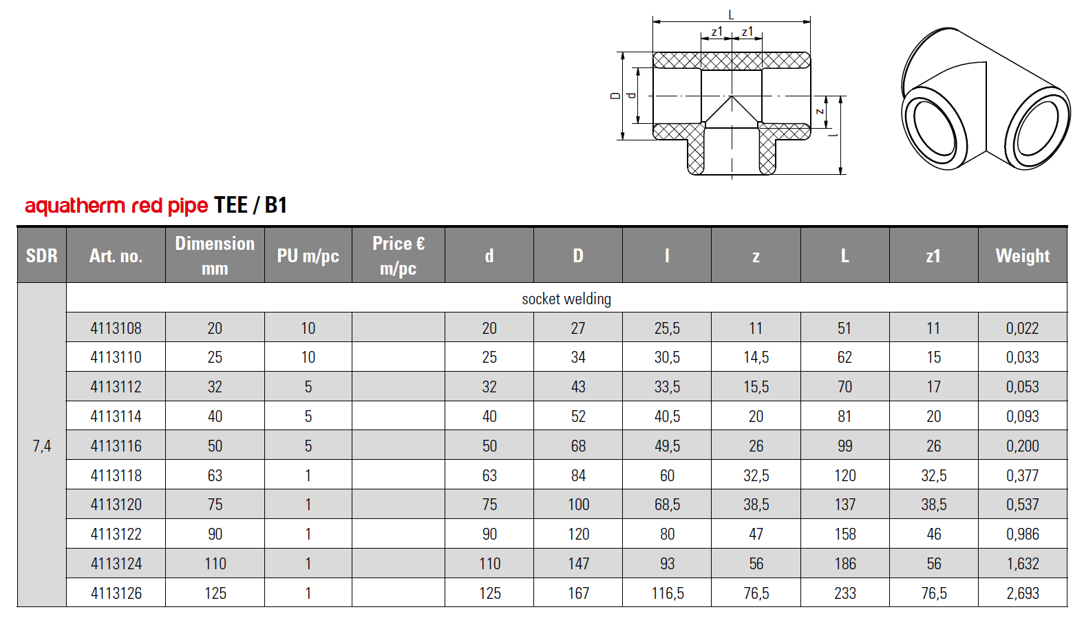 PPr FS Té 75mm Rautt