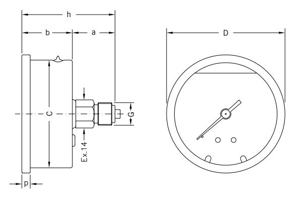 Vökvafylltur þrýstimælir 6 Bör 63mm - Bak