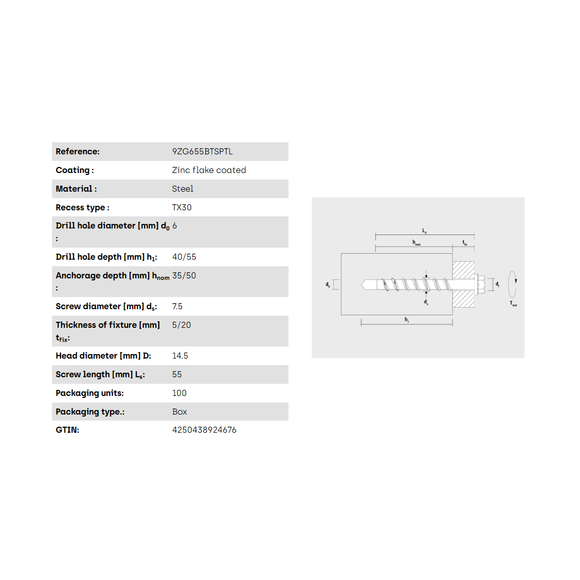 Múrskrúfa pan head -6-55/5  Zink flaked, Stór haus