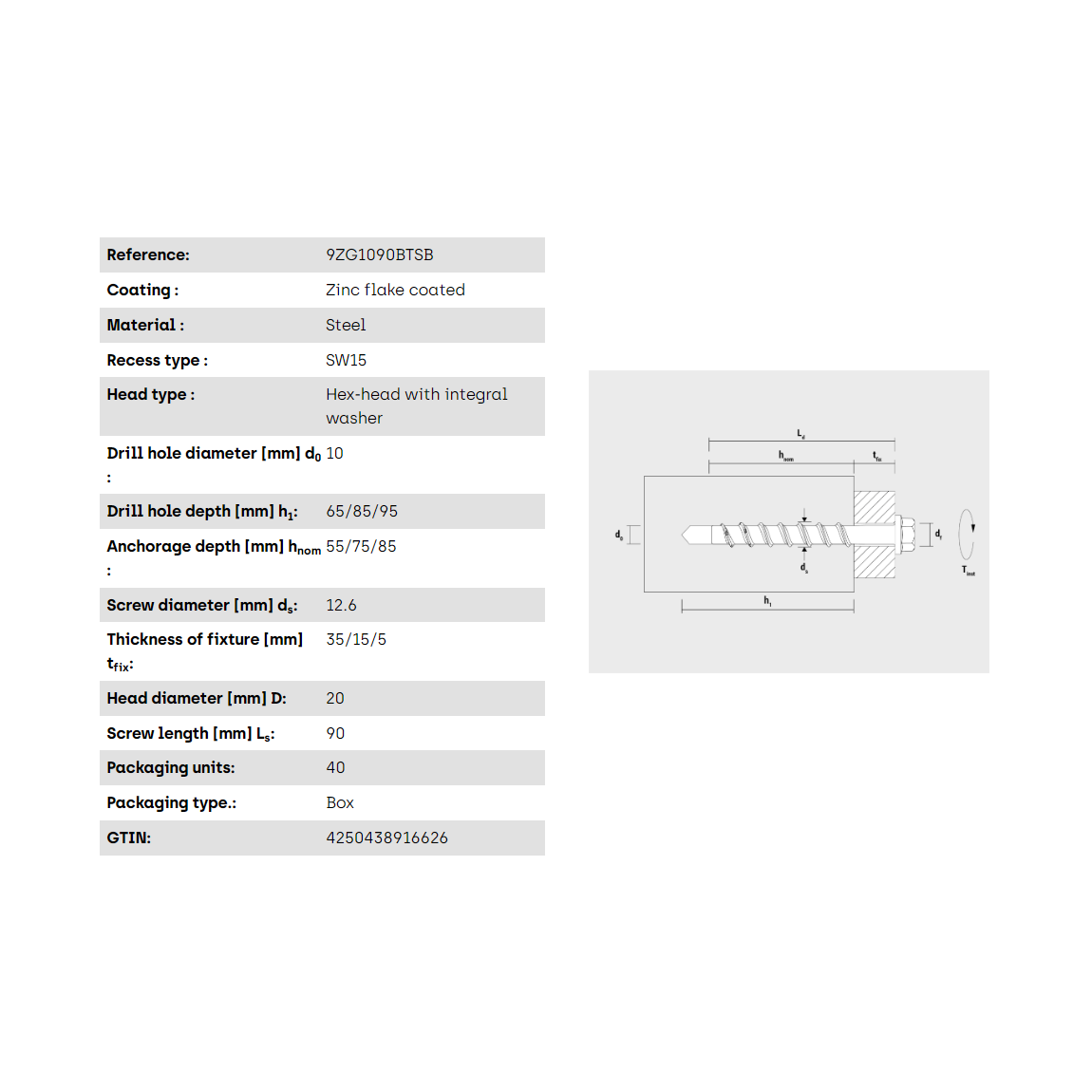 Múrskrúfa - 10-90/5 SW15 Zink flaked