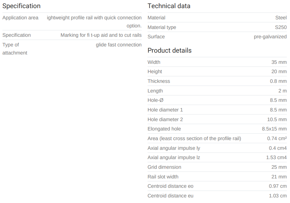 Brautir STEX 35/20 0,8mm 2mtr. Galv