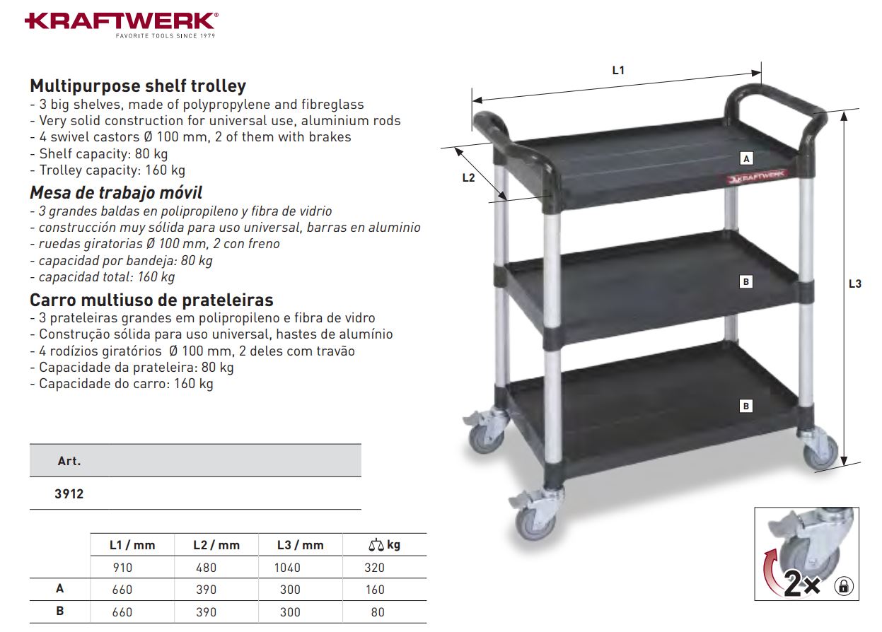 Borð á hjólum 3 hillur