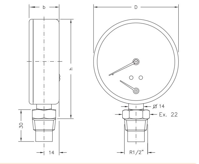 Hita og þrýstingsmælir 120° - 6 bör - Niður