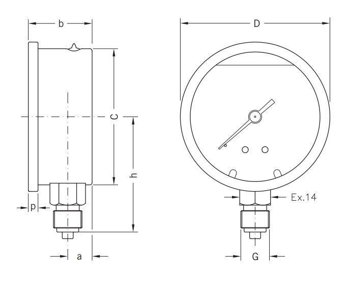 Vökvafylltur þrýstimælir 10 Bör 63mm - Niður