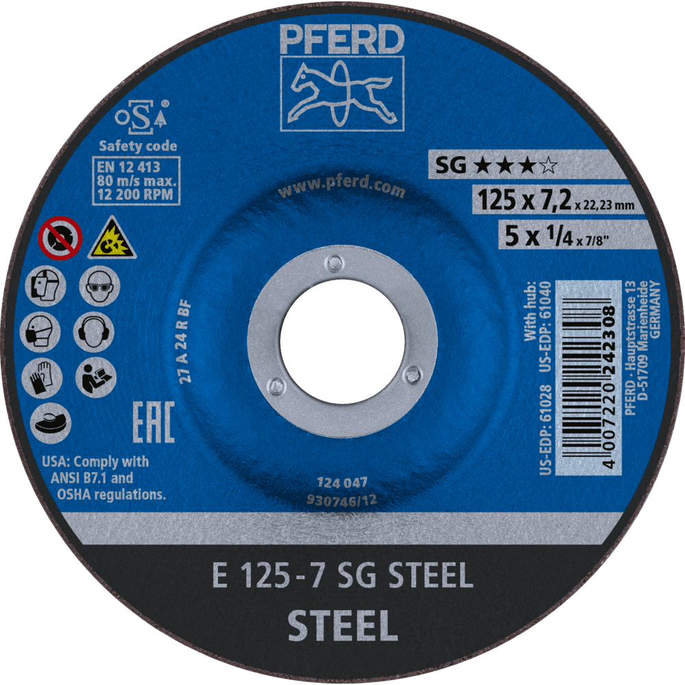Slípiskífa 125x7,2mm Pferd SG fyrir stál og ryfrítt